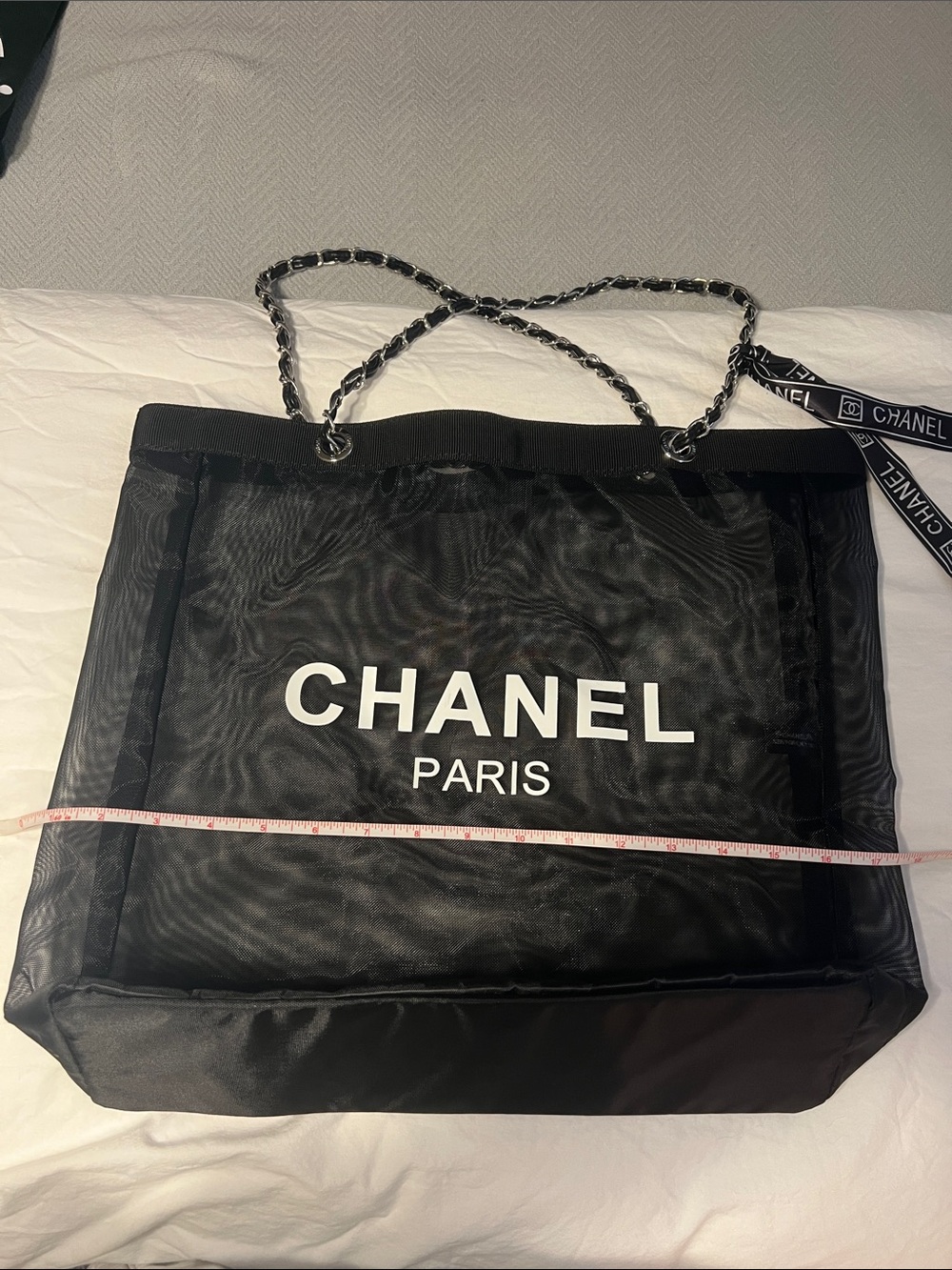 CHANEL Perfume Gift Black Mesh Paris Logo Tote with Chain-Style Straps